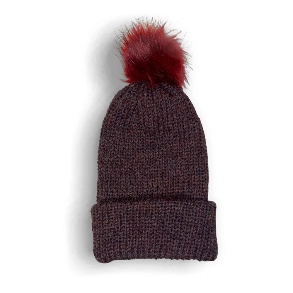 Handmade 100% Alpaca Knit Slouch Hat Beanie Borealis Blue Faux Rabbit Pom Pom - Picture 11 of 11